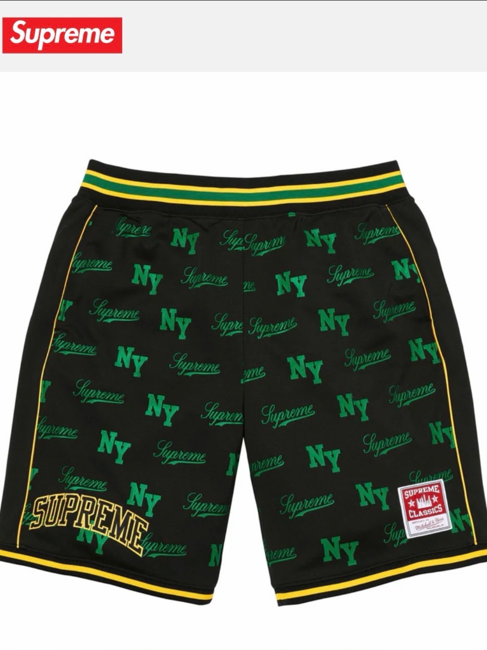 Supreme Black Athletic Shorts with Green NY & Yellow Trim